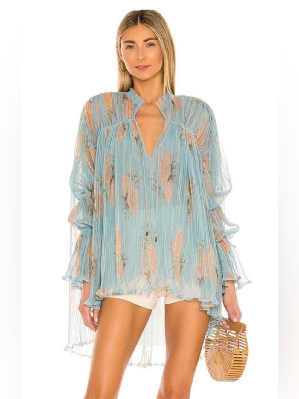 BRAND NEW WITH TAGS Sheer Pleated Floral Blouse - Light Blue